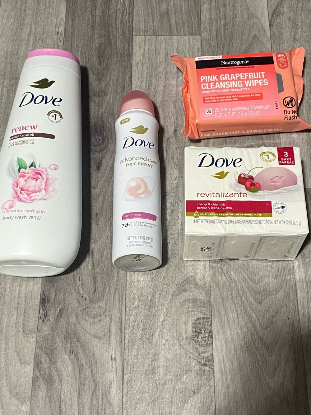 Dove Pink Moisturizing Body Wash, Dry Spray & Cleansing Wipes Bundle